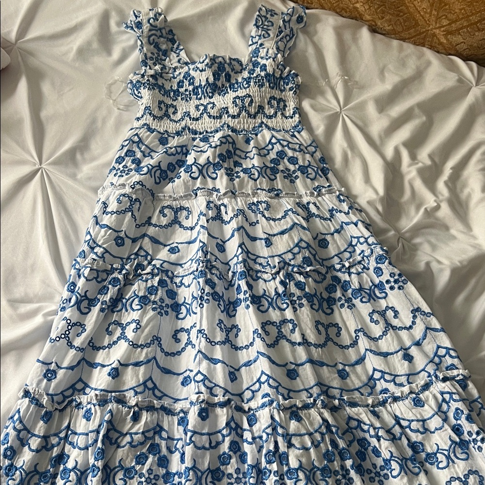 Rare Editions White Dress with Blue Embroidery
